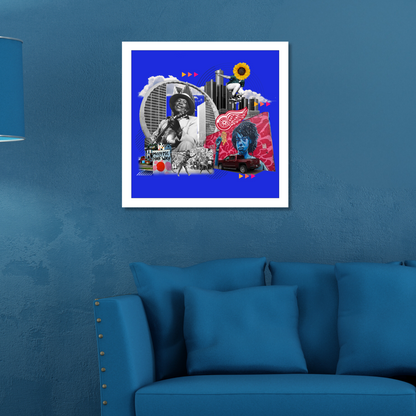 Detroit, MI Art Print displayed on a wall in a home, featuring detailed city icons, Detroit street art, and Red Wings symbols. Adds a vibrant touch to any room.