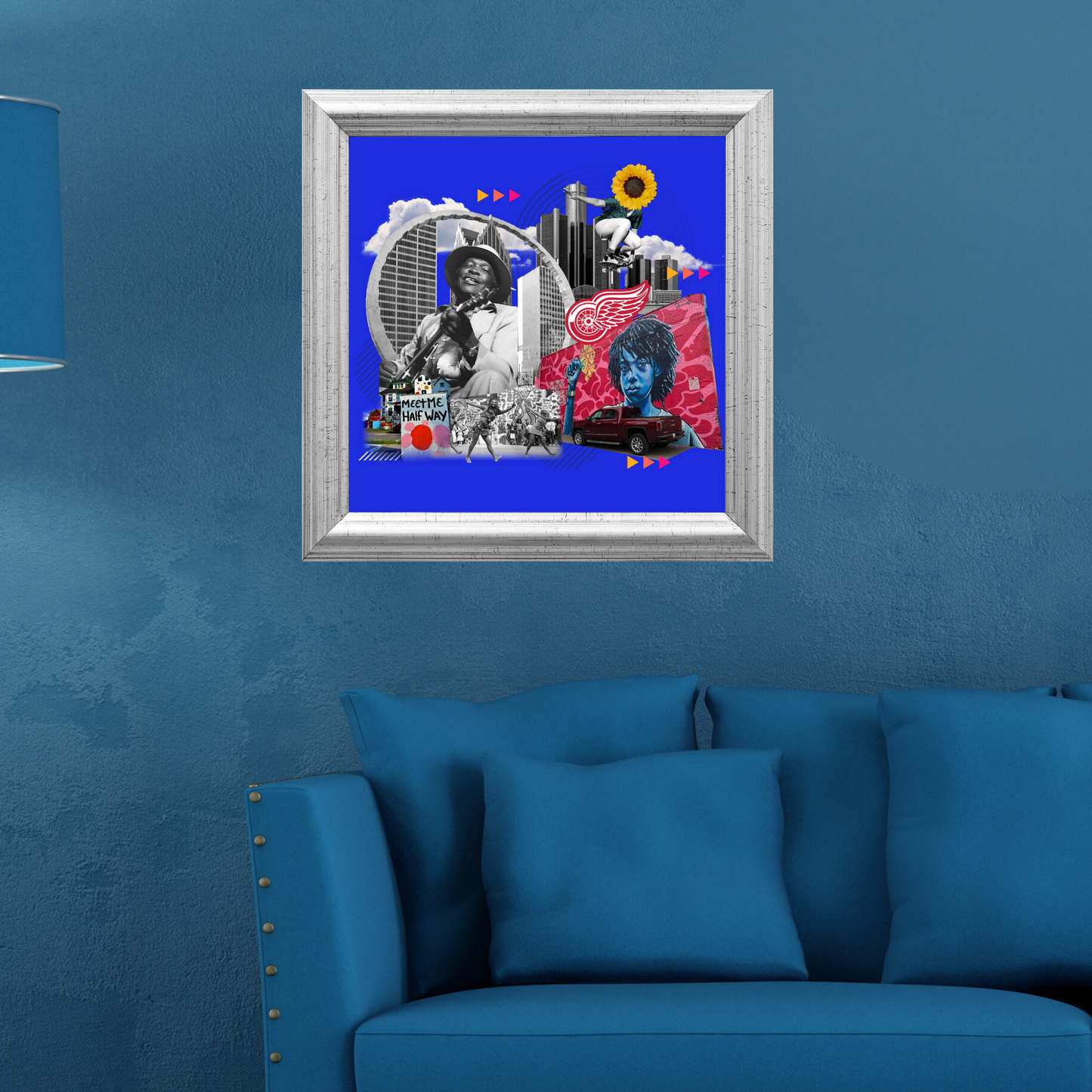 Detroit, MI Art Print framed and hung on the wall in a home, depicting Detroit’s city icons, street art, and Red Wings symbols. Elegant decor for home or office.