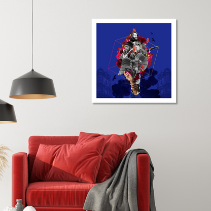 The Devil Art Print displayed on a wall in a stylish home setting, showcasing digital artwork that explores the complex symbolism of the devil.