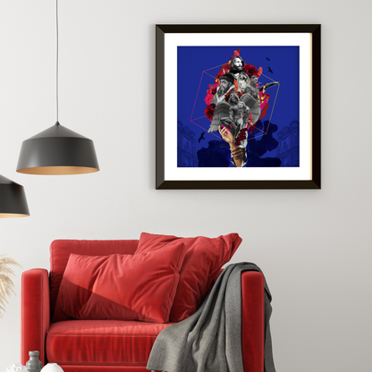Framed The Devil Art Print hanging on the wall of a modern home, featuring high-quality digital artwork with bold and thought-provoking devil imagery, adding depth to the decor.
