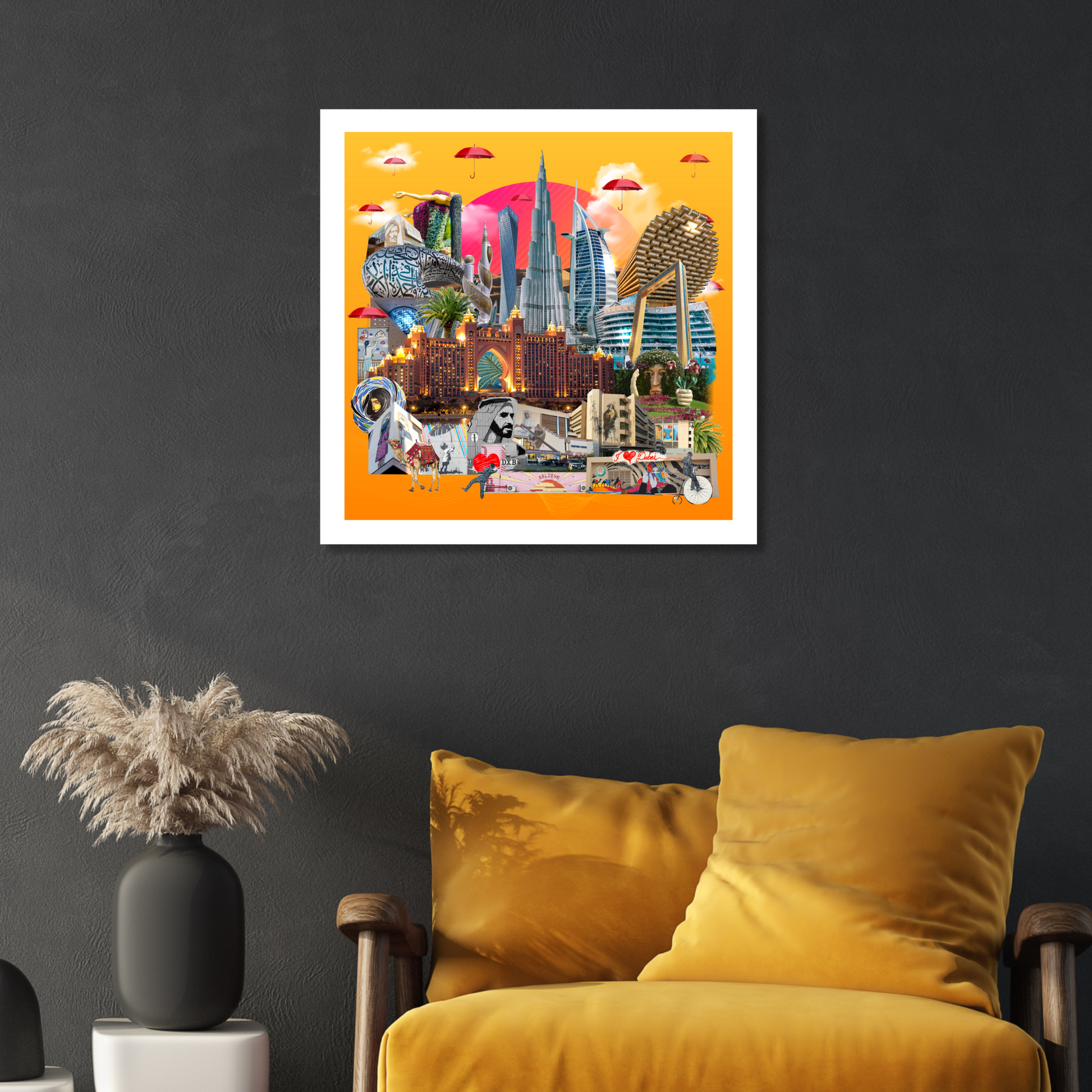 Dubai Art Print displayed on a living room wall, highlighting the city's unique architecture and rich cultural art – an ideal addition to home decor.