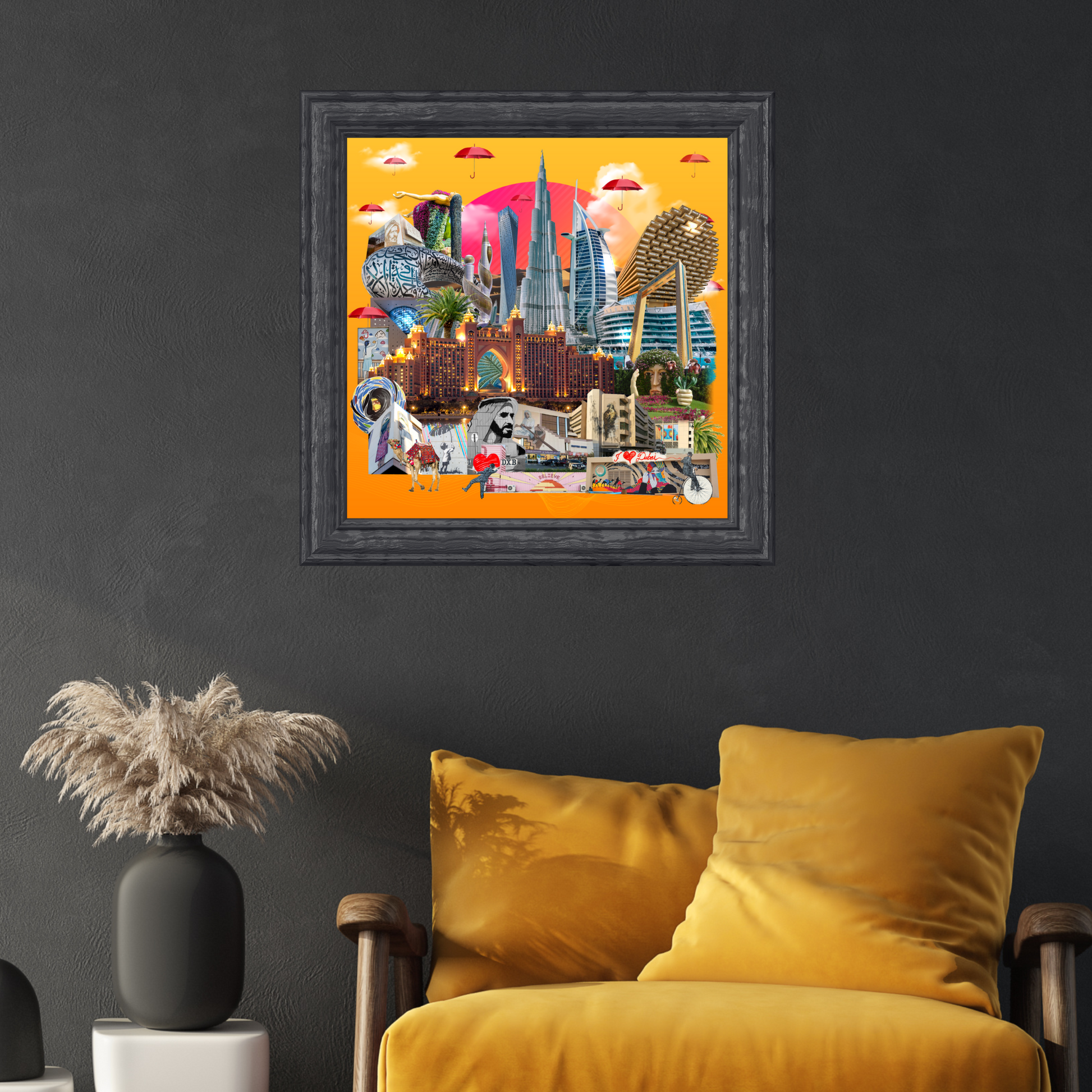 Framed Dubai Art Print hanging on a wall, featuring detailed street art and architectural beauty, adding elegance to any home or office space.