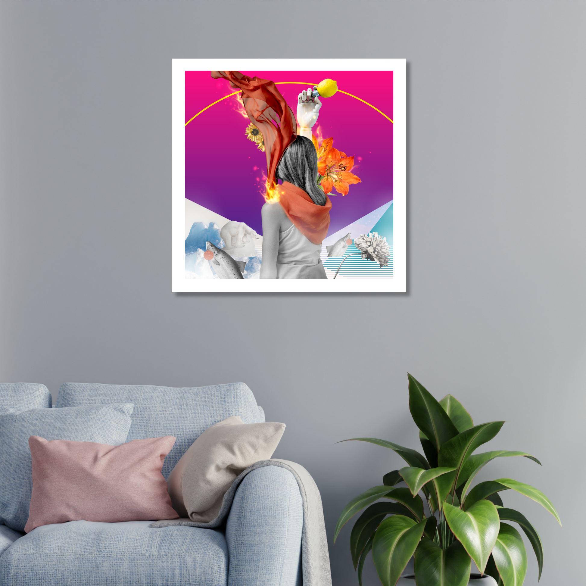 Fire and Ice Art Print displayed on a home wall, illustrating the vibrant contrast of elements through digital artwork, perfect for enhancing living room decor