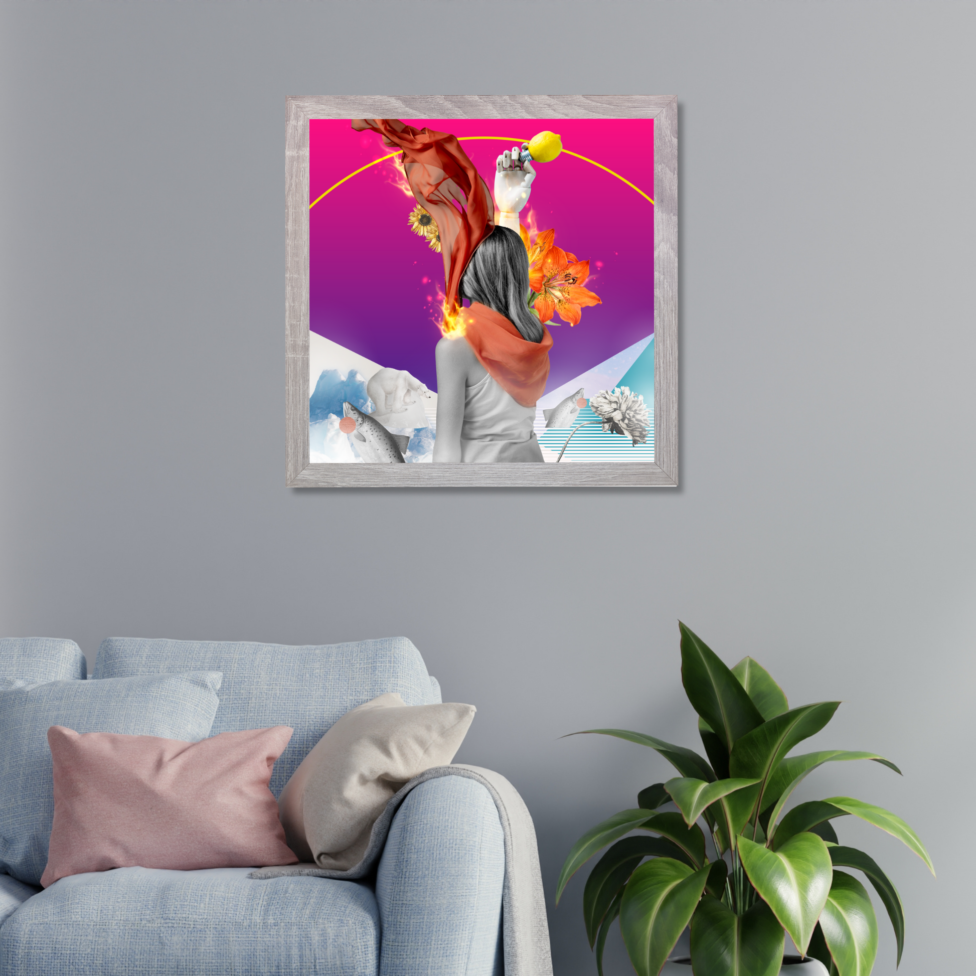 Framed Fire and Ice Art Print hanging in a home setting, highlighting the striking colors and archetype art themes for a sophisticated touch to interior design.