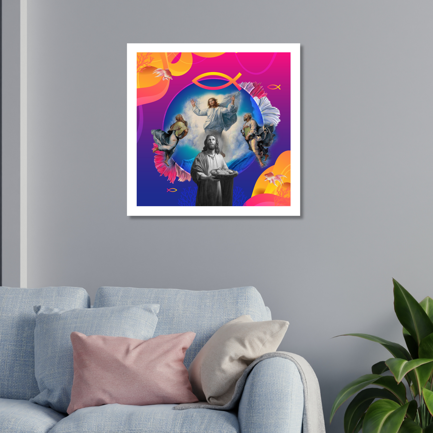 Fish Cross Art Print displayed in a modern living room. The print shows Jesus Christ holding fish and bread, Fish Cross symbols, and fish symbols, adding sophistication and spiritual depth to the decor.