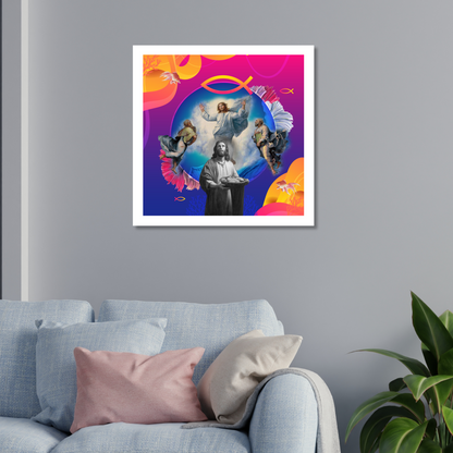 Fish Cross Art Print displayed in a modern living room. The print shows Jesus Christ holding fish and bread, Fish Cross symbols, and fish symbols, adding sophistication and spiritual depth to the decor.