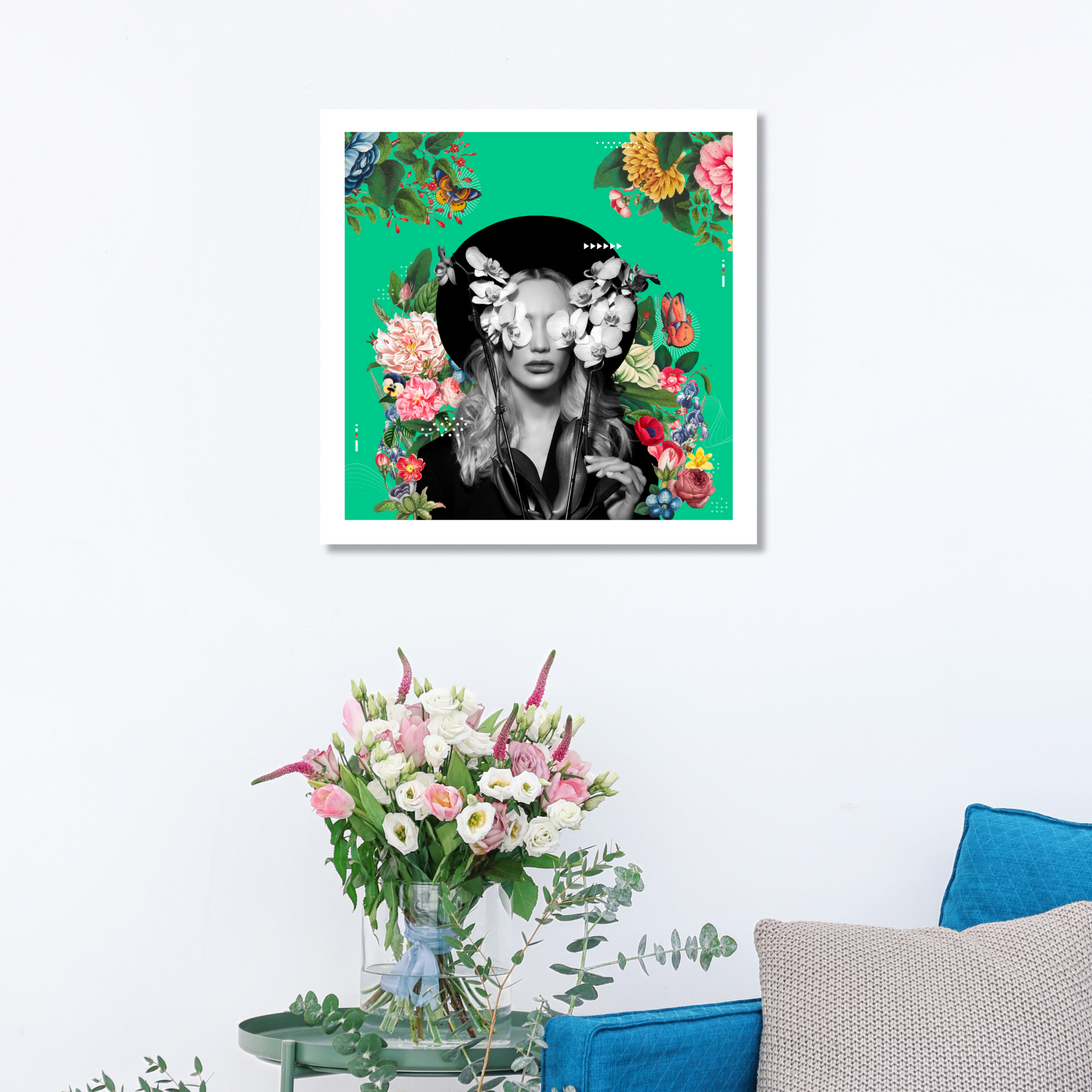 Elegant flowers art print displayed in a living room, showcasing a woman surrounded by floral beauty and adding sophistication to the decor.