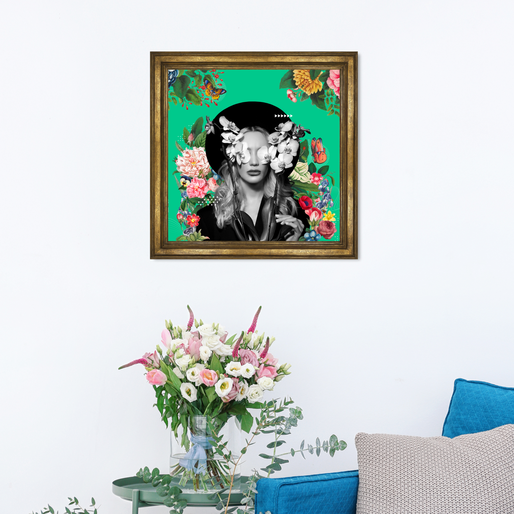 A framed flowers art print in a home setting, featuring a woman encircled by flowers, blending elegance and symbolism for inspiring decor.