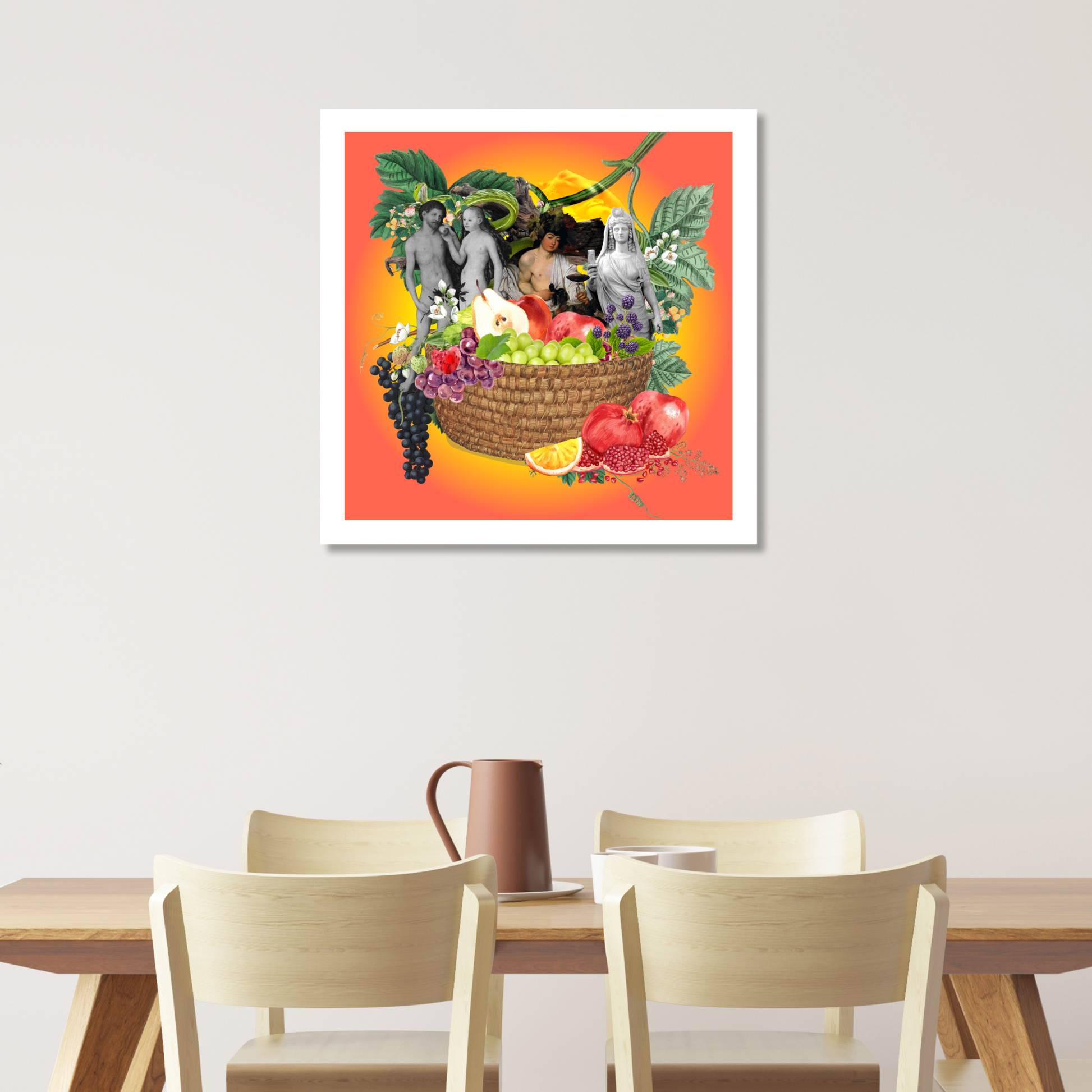 Fruits Art Print displayed on a wall in a stylish home setting, showcasing colorful digital artwork of assorted fruits that brings natural vibrancy and charm to the space.