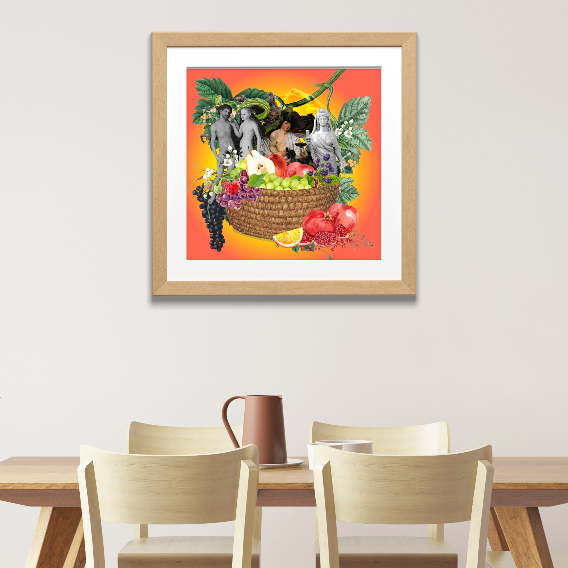 Framed Fruits Art Print hanging on the wall of a living room, featuring high-quality digital artwork of fruits, enhancing the decor with a touch of natural sophistication.