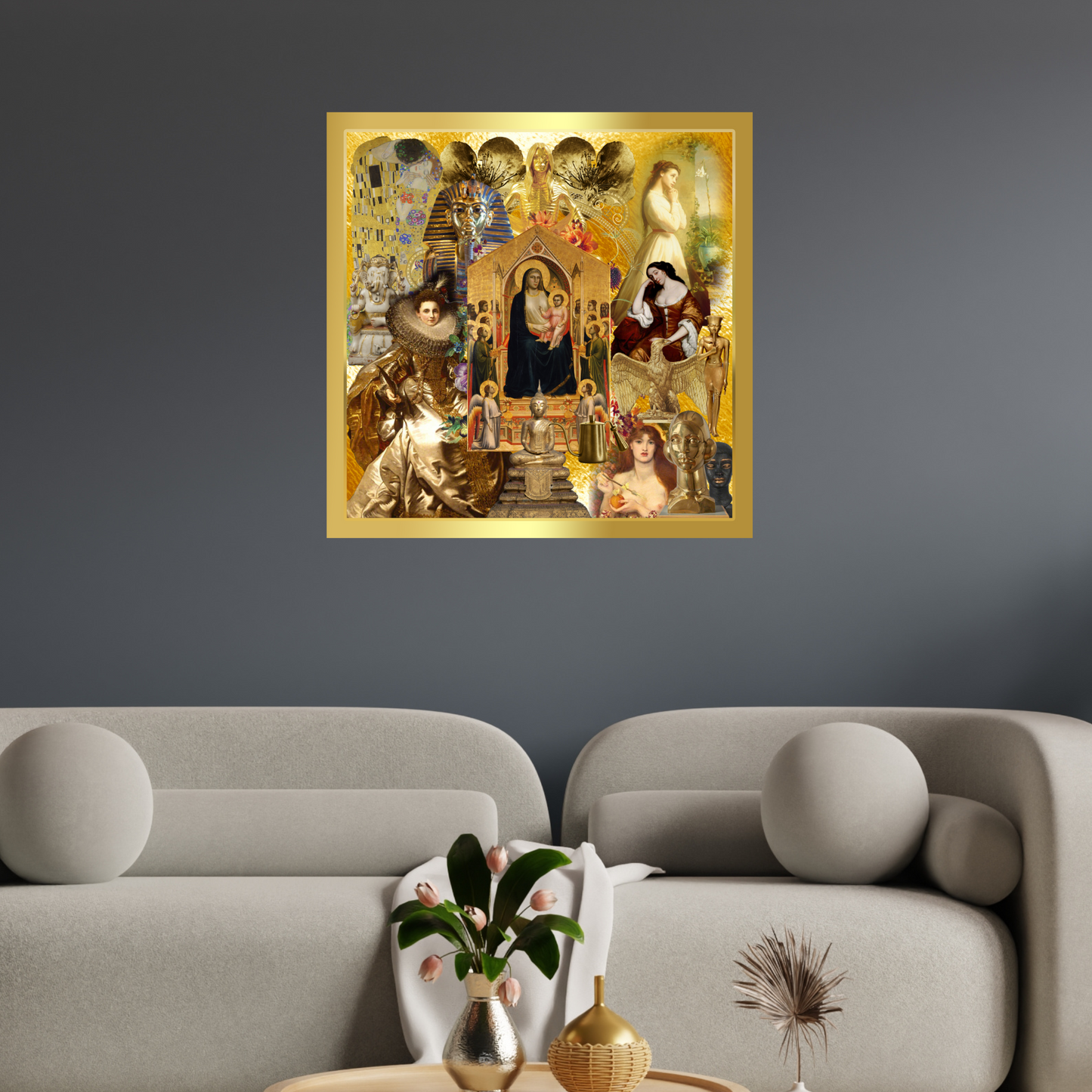 Gold-framed art print adorning the wall, bringing a sense of sophistication and a touch of divine elegance to the space.