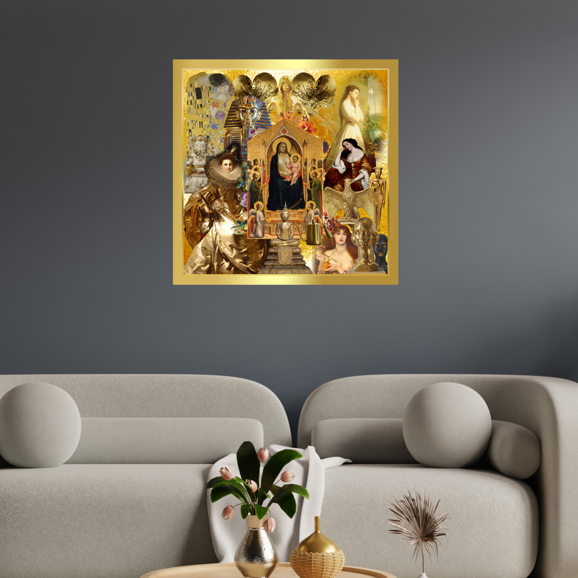 Gold-framed art print adorning the wall, bringing a sense of sophistication and a touch of divine elegance to the space.