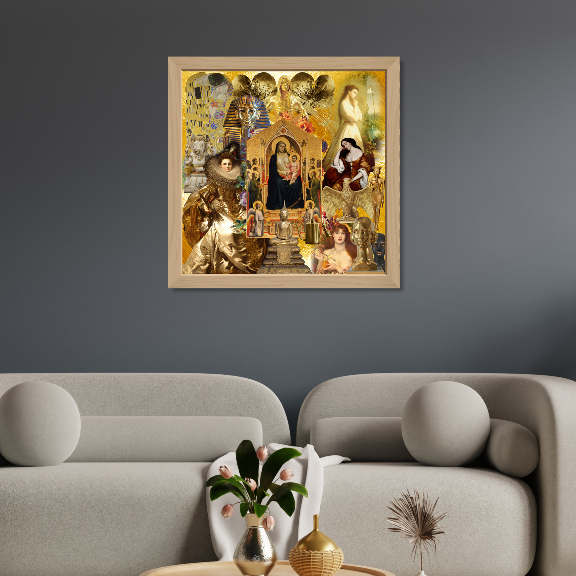 Framed gold art print showcased on the wall, elevating the room's decor with an air of elegance and spiritual grace.