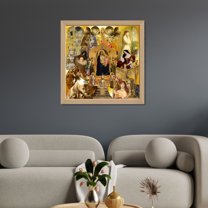 Framed gold art print showcased on the wall, elevating the room's decor with an air of elegance and spiritual grace.