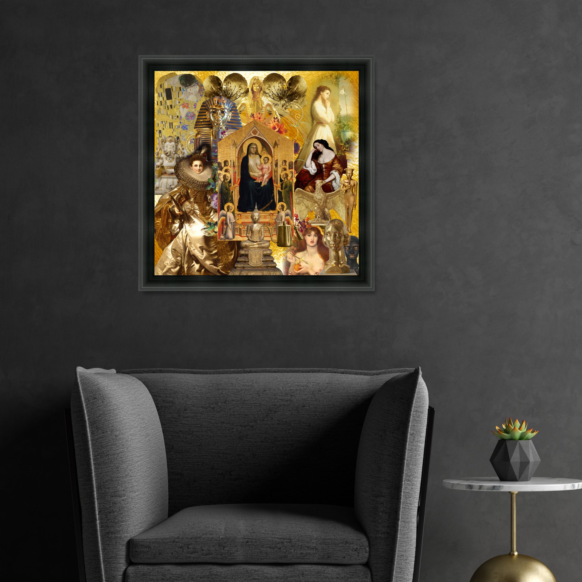 Framed Gold Art Print displayed on the wall, enhancing the decor with a prestigious and divine atmosphere.