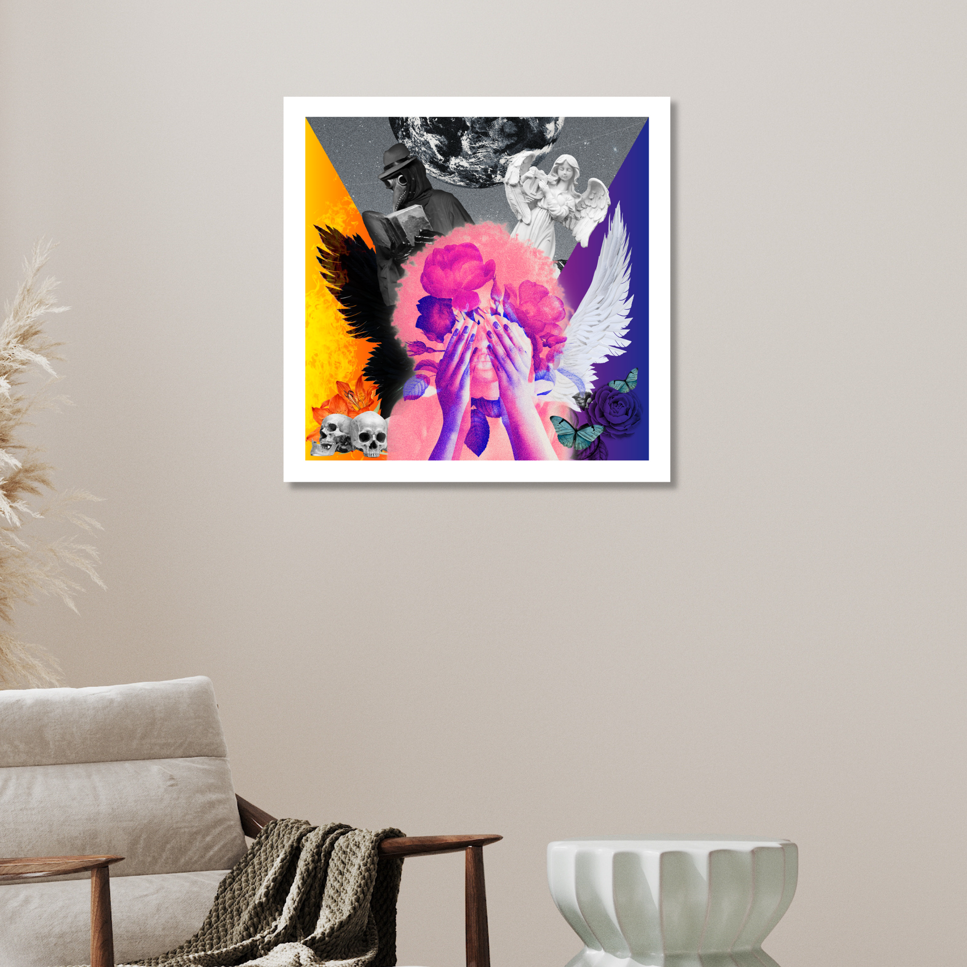Good vs Evil Art Print displayed in a home setting, adding depth and intrigue with its depiction of the eternal struggle between good and evil.