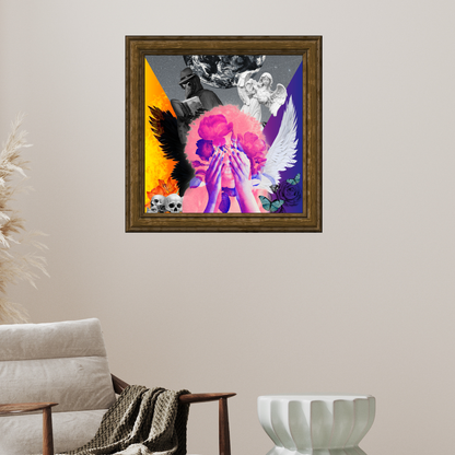 Framed Good vs Evil Art Print hanging on a home wall, highlighting the contrast between light and dark in this captivating digital artwork.