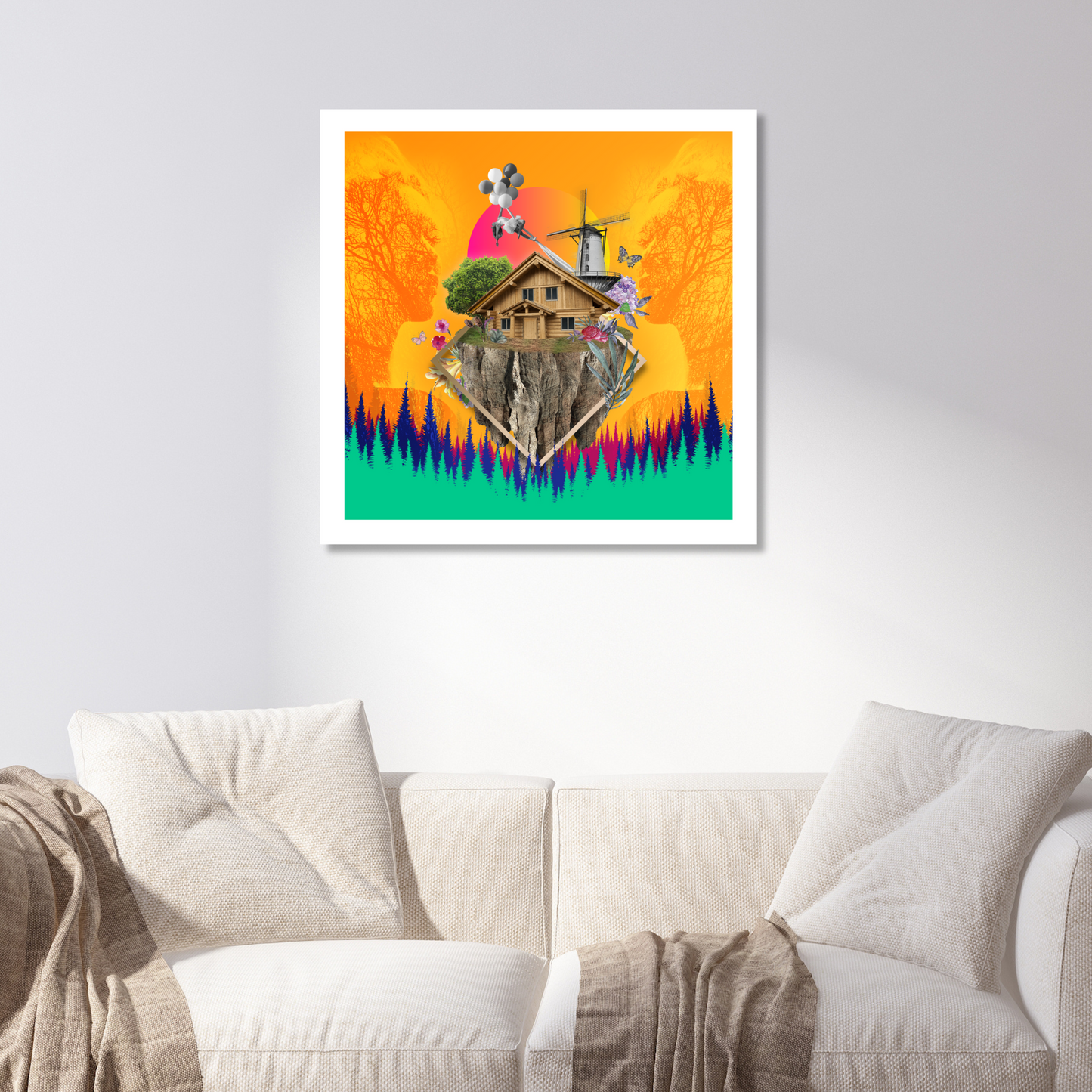 Haven vs Wilderness Art Print hanging on a wall in a home depicting the contrast between peaceful haven and untamed wilderness.