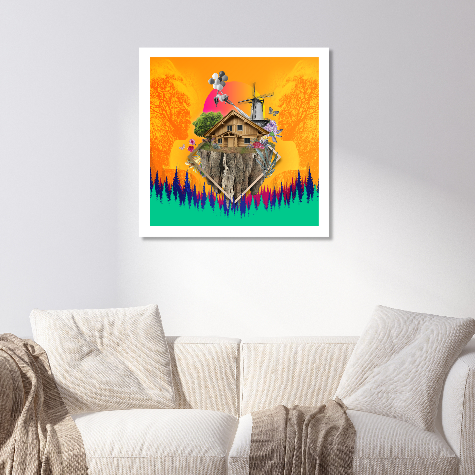 Haven vs Wilderness Art Print hanging on a wall in a home depicting the contrast between peaceful haven and untamed wilderness.