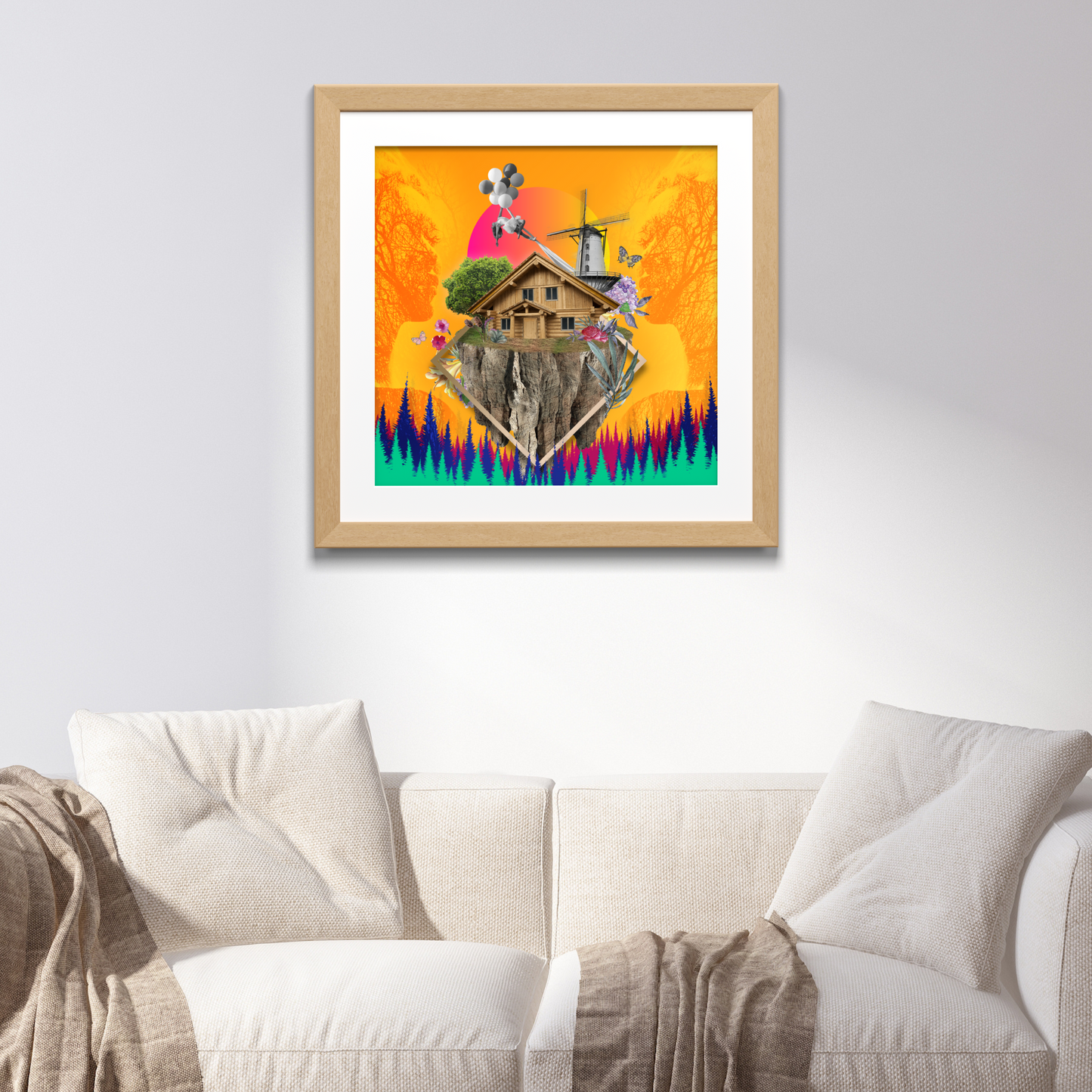 Haven vs Wilderness Art Print framed and hanging on a wall in a home illustrating the balance between tranquility and wilderness.