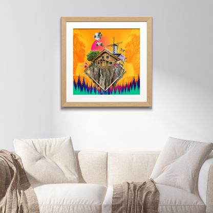 Haven vs Wilderness Art Print framed and hanging on a wall in a home illustrating the balance between tranquility and wilderness.