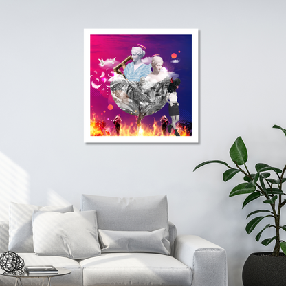 Heaven vs Hell Art Print displayed on a wall in a modern home setting, showcasing striking digital artwork that captures the powerful visual contrast between heaven and hell.