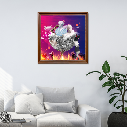 Framed Heaven vs Hell Art Print hanging on the wall of a living room, featuring high-quality digital artwork with dramatic imagery of celestial and infernal realms.