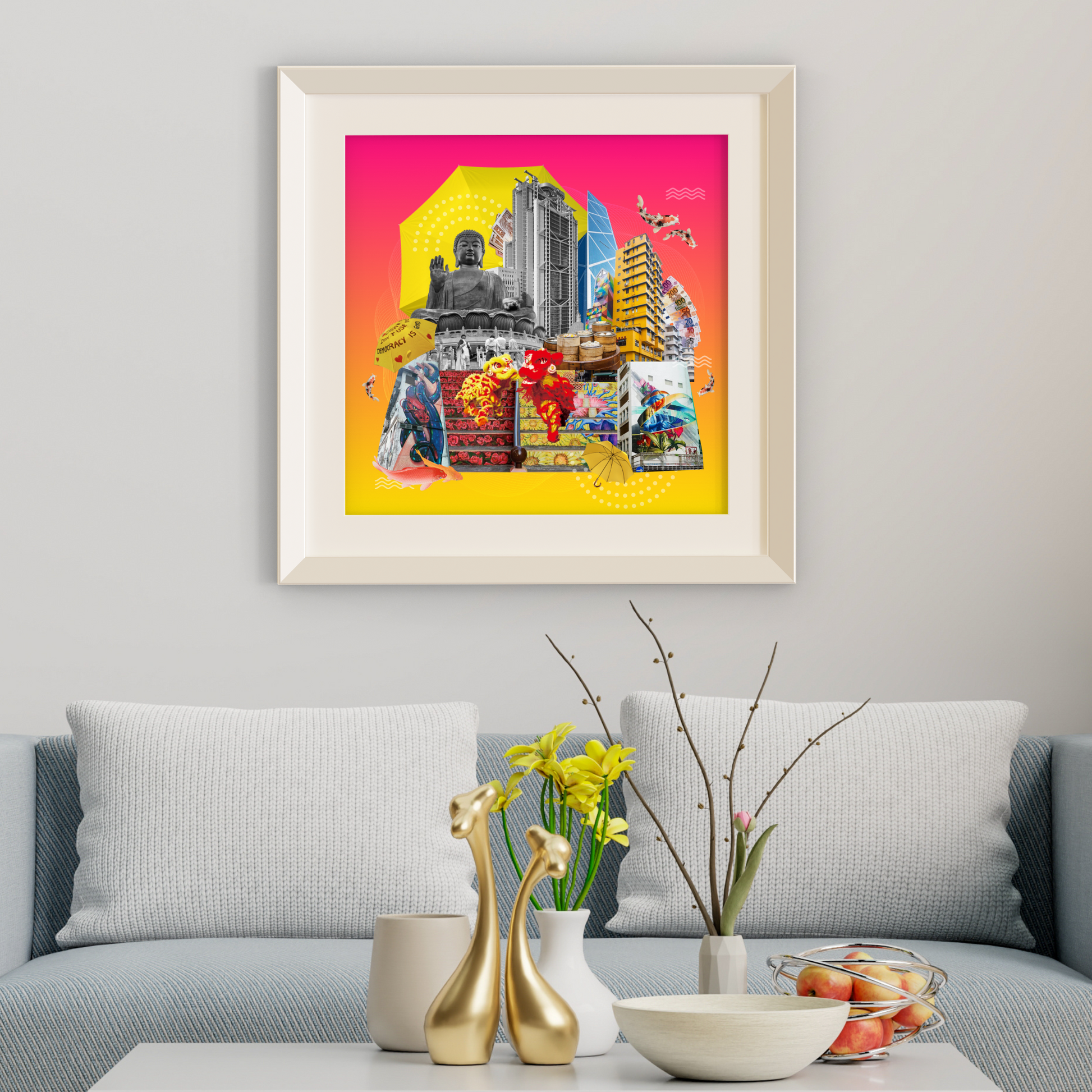 Framed Hong Kong, China art print on a home wall, highlighting detailed city illustrations, dragons, and street art, symbolizing protests and prosperity in a vibrant original design.