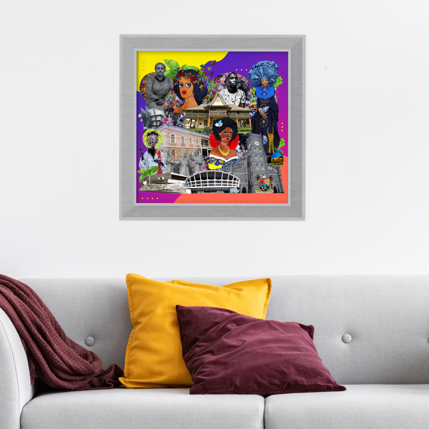 Framed Lagos, Nigeria Art Print in a home, beautifully presenting The Civic Center and Jaekel House, combining Lagos' architectural heritage and modern art ecosystem in this interesting art print.