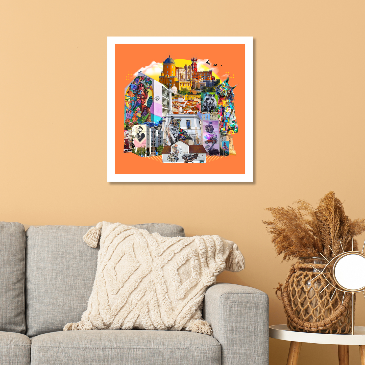 Lisbon, Portugal (First Edition) art print hanging on the wall, showcasing Lisbon’s stunning street art, Rossio Square, raven symbol, and chapels. Ideal for home and office decor.