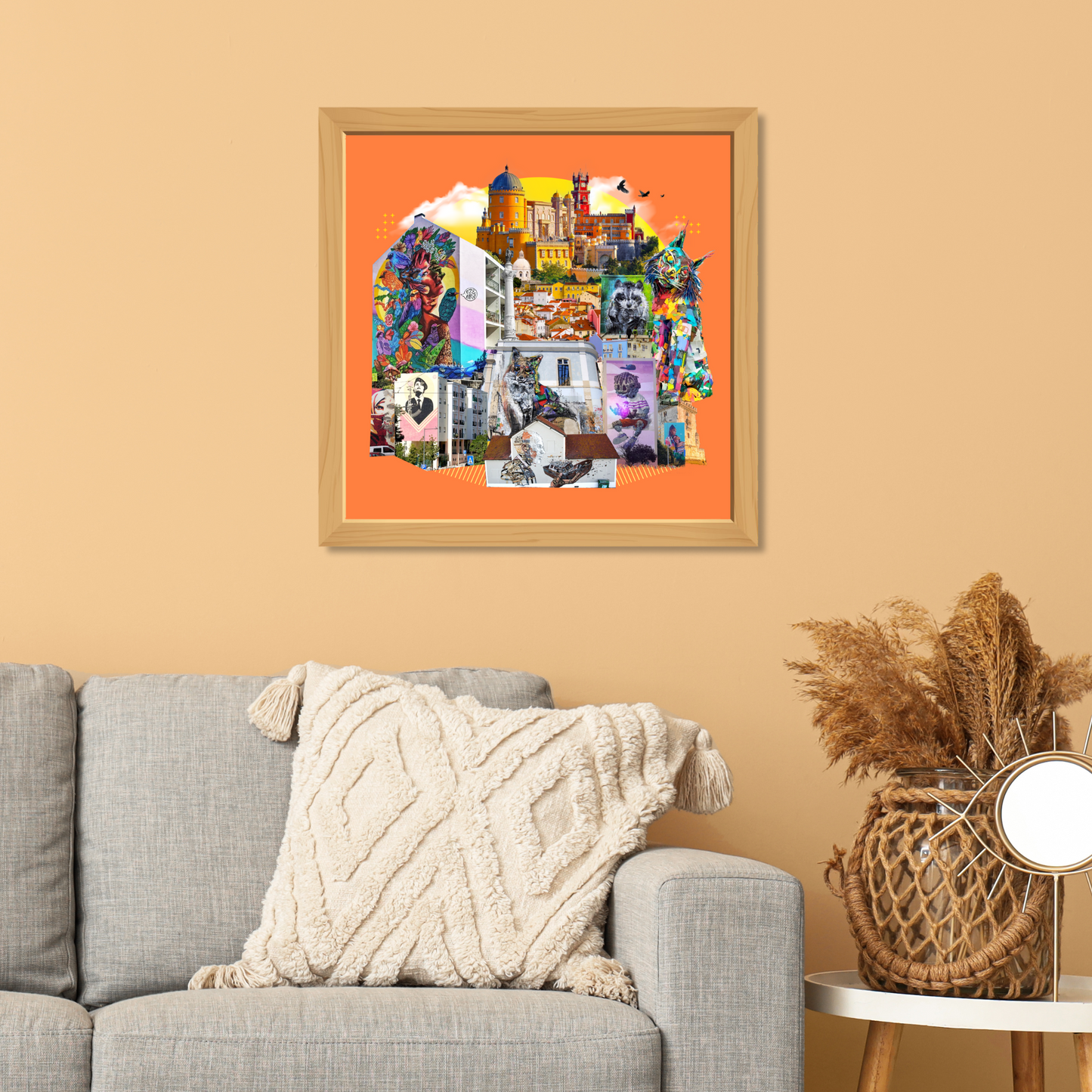 Framed Lisbon, Portugal (First Edition) art print on the wall, displaying the city’s dynamic street art, Rossio Square, Lisbon's raven symbol, and historic chapels. A perfect choice from our cities series.