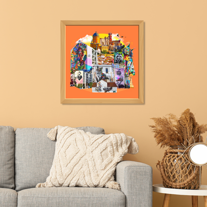 Framed Lisbon, Portugal (First Edition) art print on the wall, displaying the city’s dynamic street art, Rossio Square, Lisbon's raven symbol, and historic chapels. A perfect choice from our cities series.