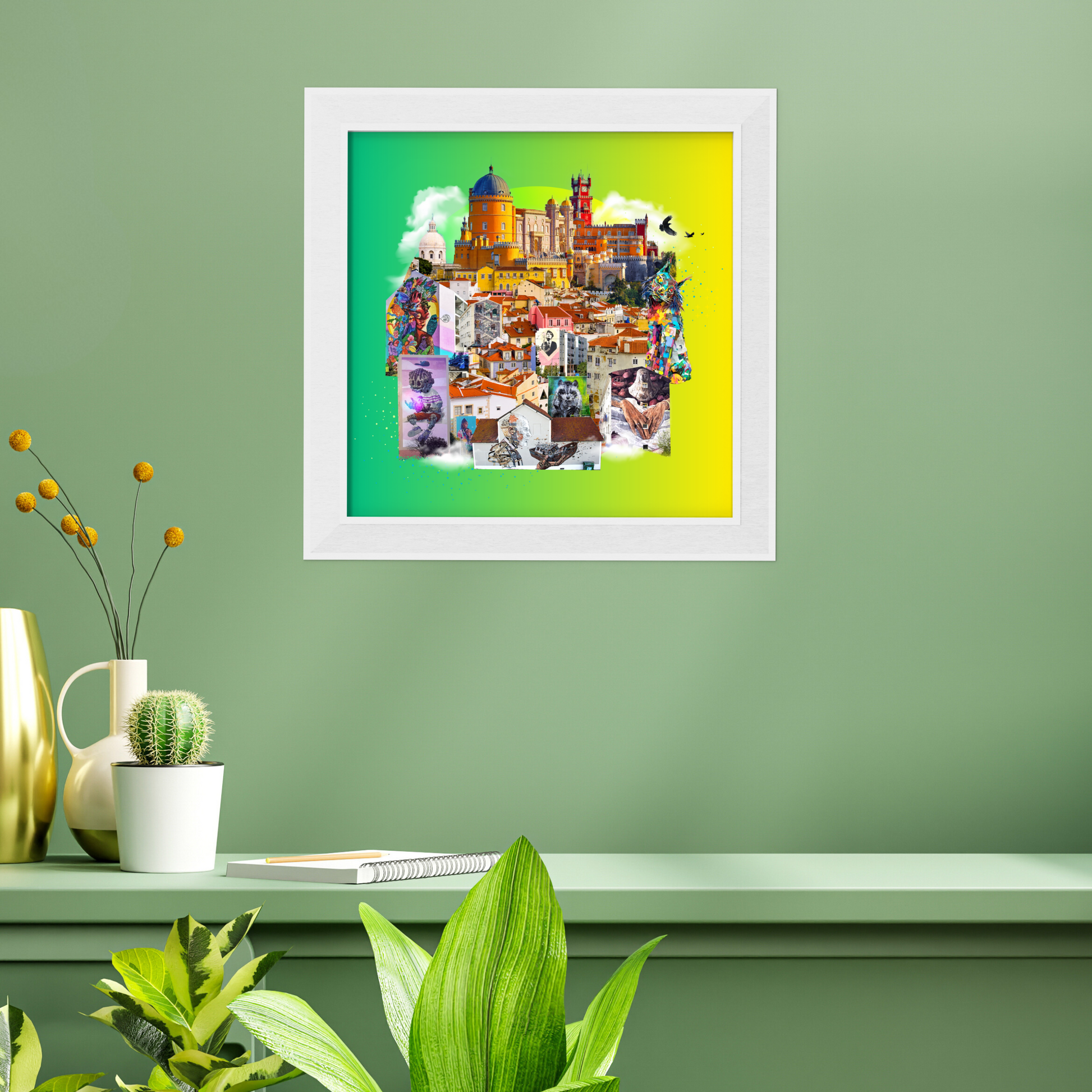 Framed Lisbon, Portugal (Second Edition) Art Print on a home wall, featuring stunning street art, Lisbon’s Raven symbol, Rossio Square, and chapels. 