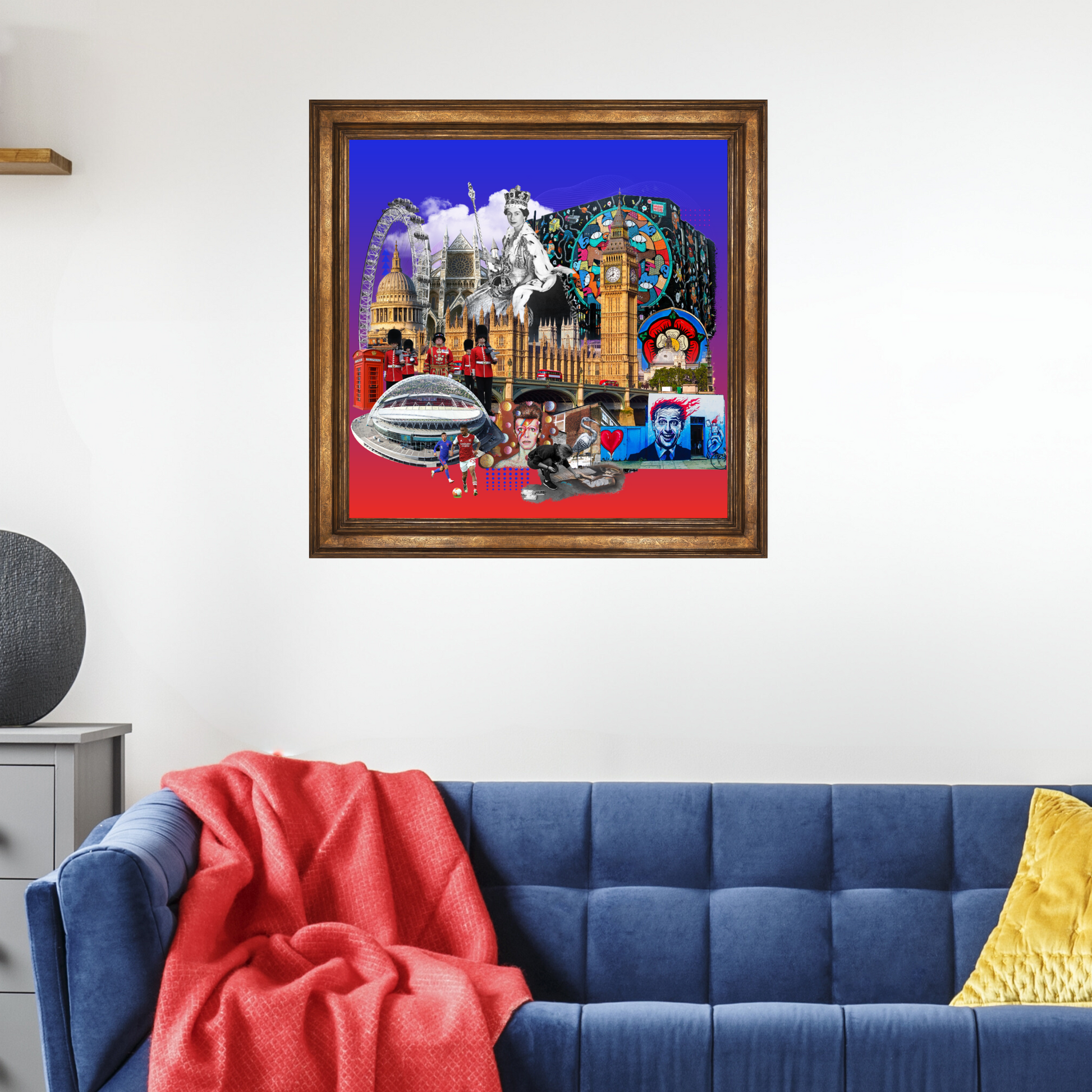 Framed London, UK Art Print in a home setting, highlighting key city landmarks like Big Ben and Westminster Abbey. The print includes artistic depictions of iconic murals and cultural symbols, such as the Tudor rose and famous street art.