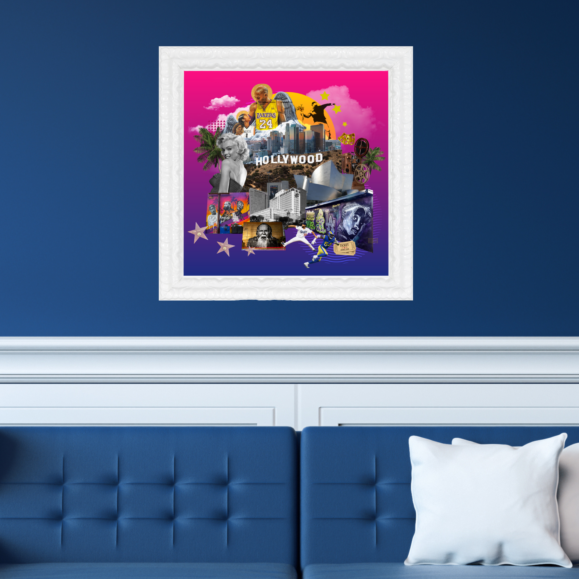 Los Angeles, California Art Print displayed in a modern home, highlighting Dodger symbols, vintage film references, and LA’s creative street art. A perfect framed artwork for adding depth to home decor.