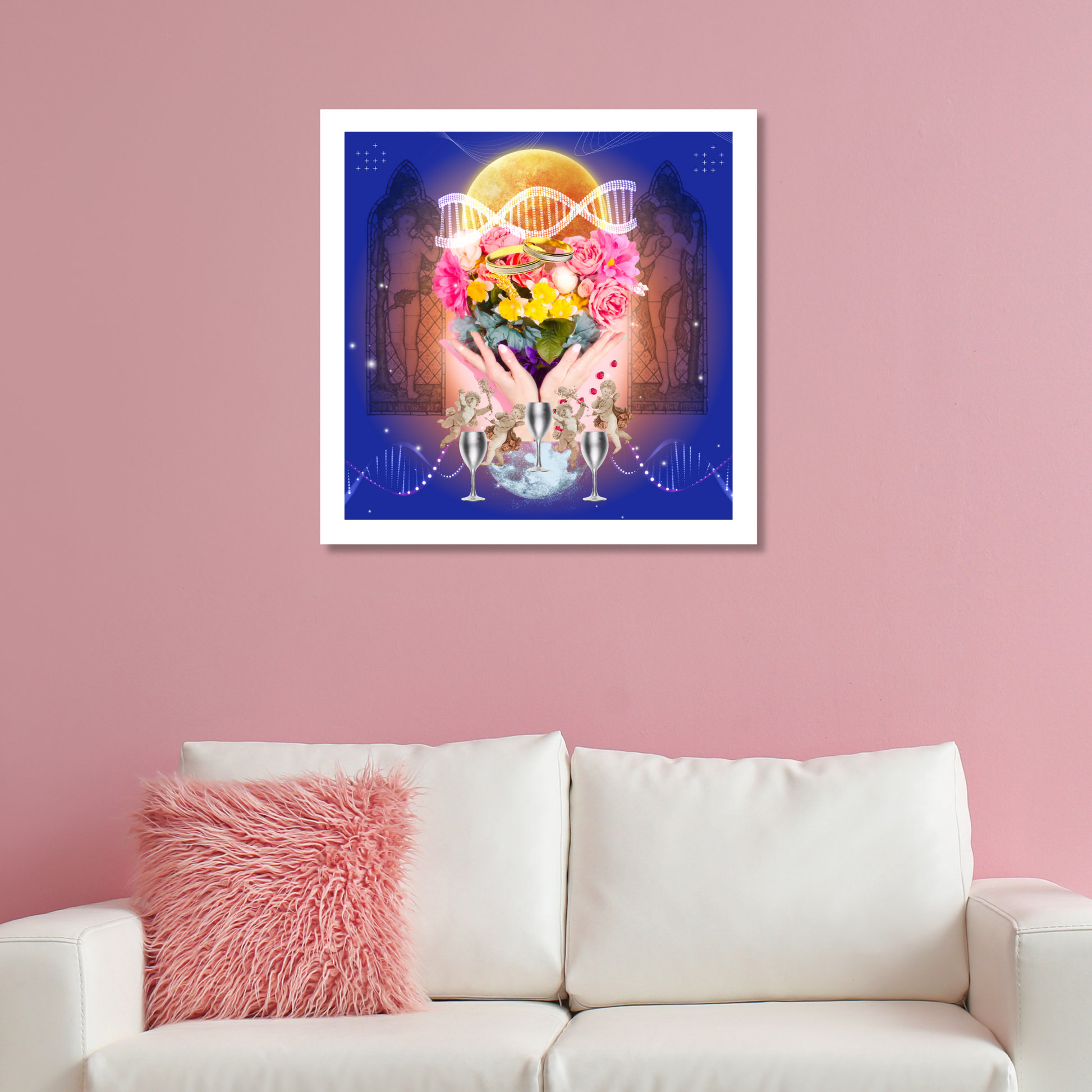 Marriage Art Print displayed in a stylish living room. The print features a refined design representing love and unity, adding sophistication and charm to the decor.