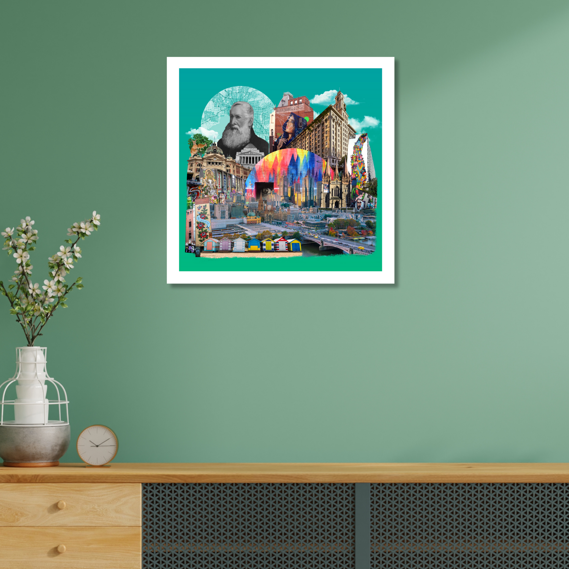 Melbourne, Australia Art Print hanging on a living room wall, featuring the city’s dynamic street art, unique city layout, and symbolic peace/prosperity motifs, enhancing the room's aesthetic.