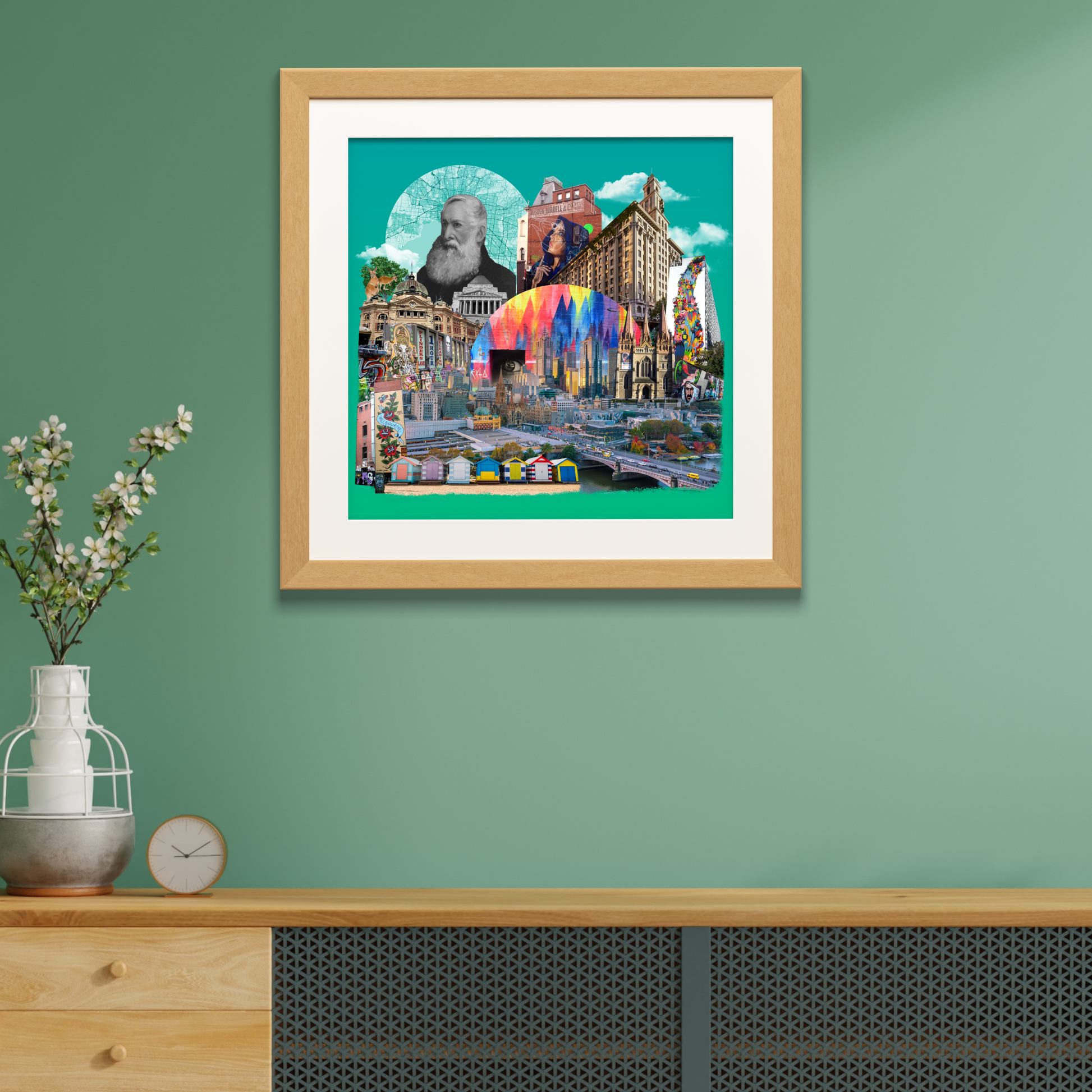 Framed Melbourne, Australia Art Print elegantly displayed on a home wall, highlighting the city’s architectural beauty, street art, and cultural landmarks, perfect for sophisticated decor.
