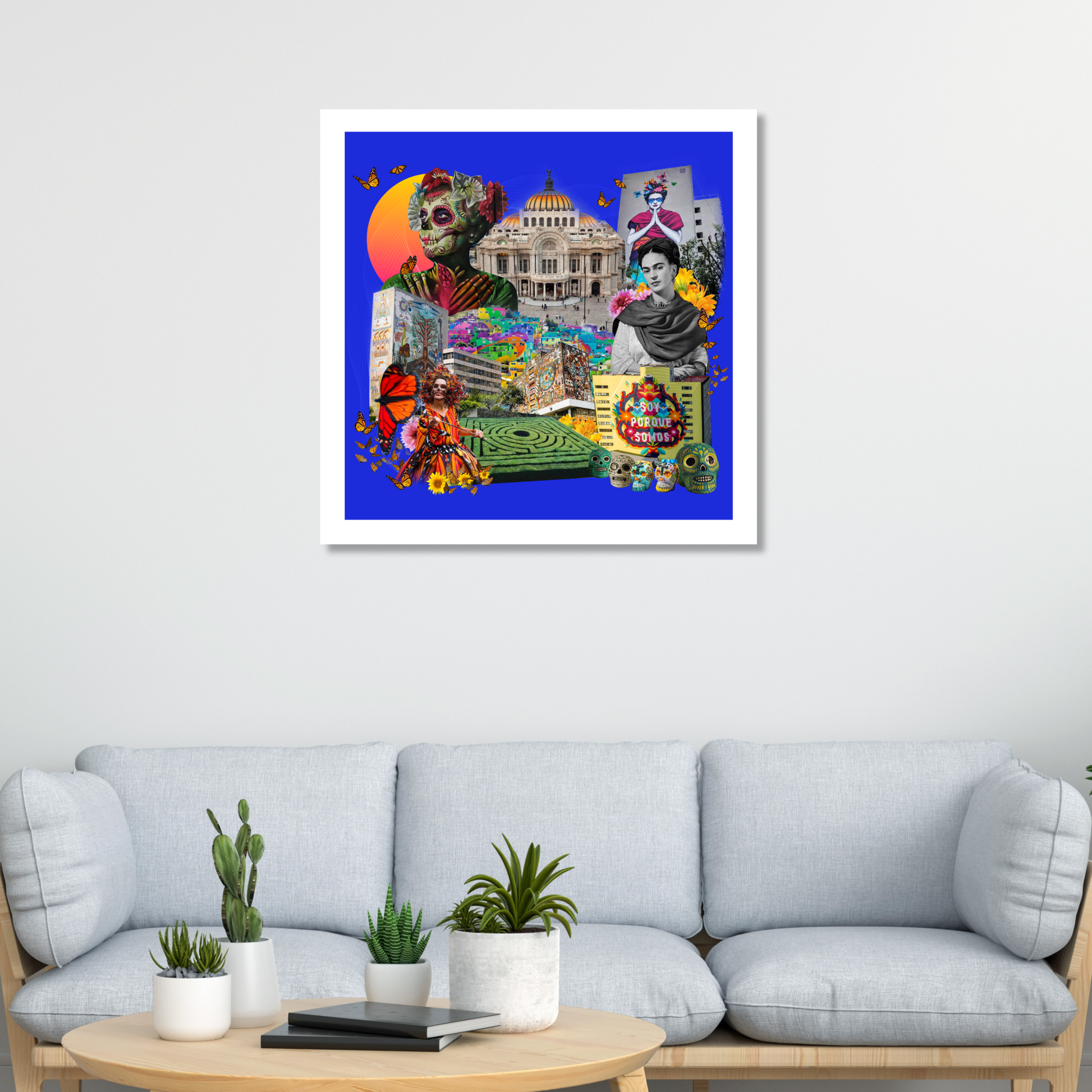 Mexico City Art Print hanging on a wall, showcasing a lively mix of Frida Kahlo-inspired imagery, butterflies, sugar skulls, and street art, ideal for home decor.