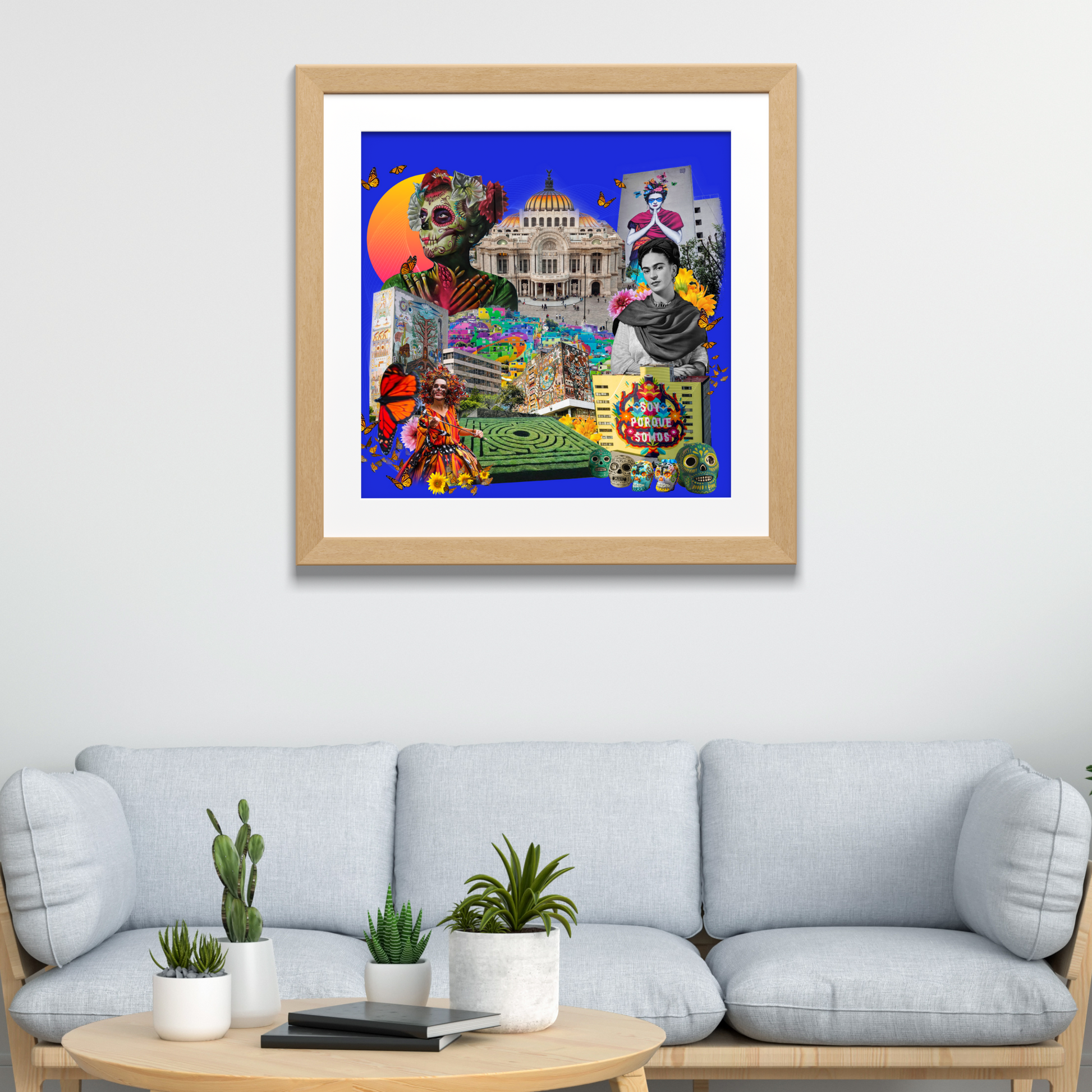 Framed Mexico City Art Print displayed on a wall, featuring colorful original artwork with Frida Kahlo elements, butterflies, sugar skulls, and street art, enhancing any room.