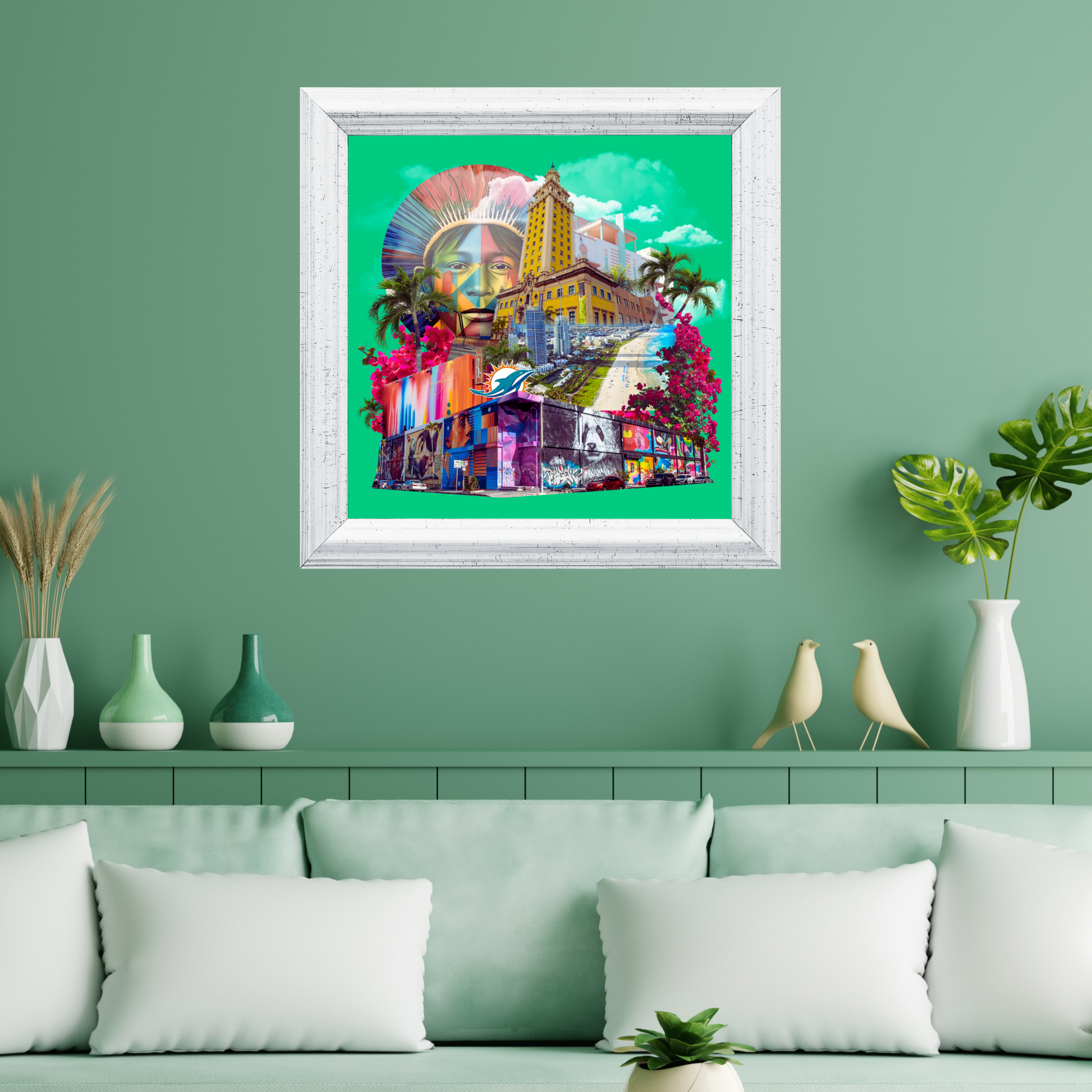 Framed Miami, Florida Art Print hanging on a wall, featuring detailed original collage with Miami street art, palm trees, and dolphin symbols.