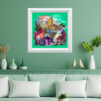 Framed Miami, Florida Art Print hanging on a wall, featuring detailed original collage with Miami street art, palm trees, and dolphin symbols.