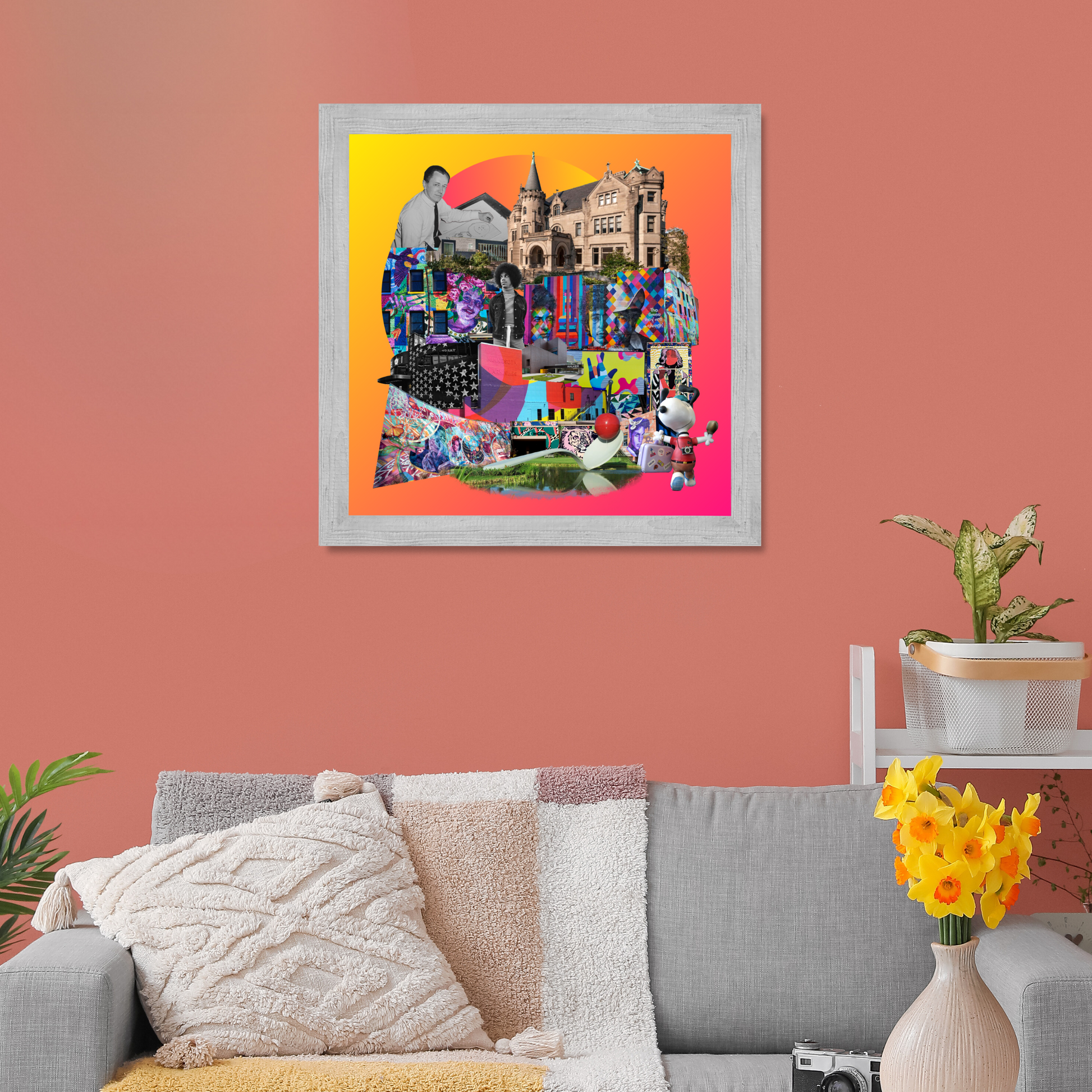 Framed Minneapolis Art Print on a home wall, featuring detailed original collage with Prince, the Mall of America, Snoopy, golf elements, and the Loon.