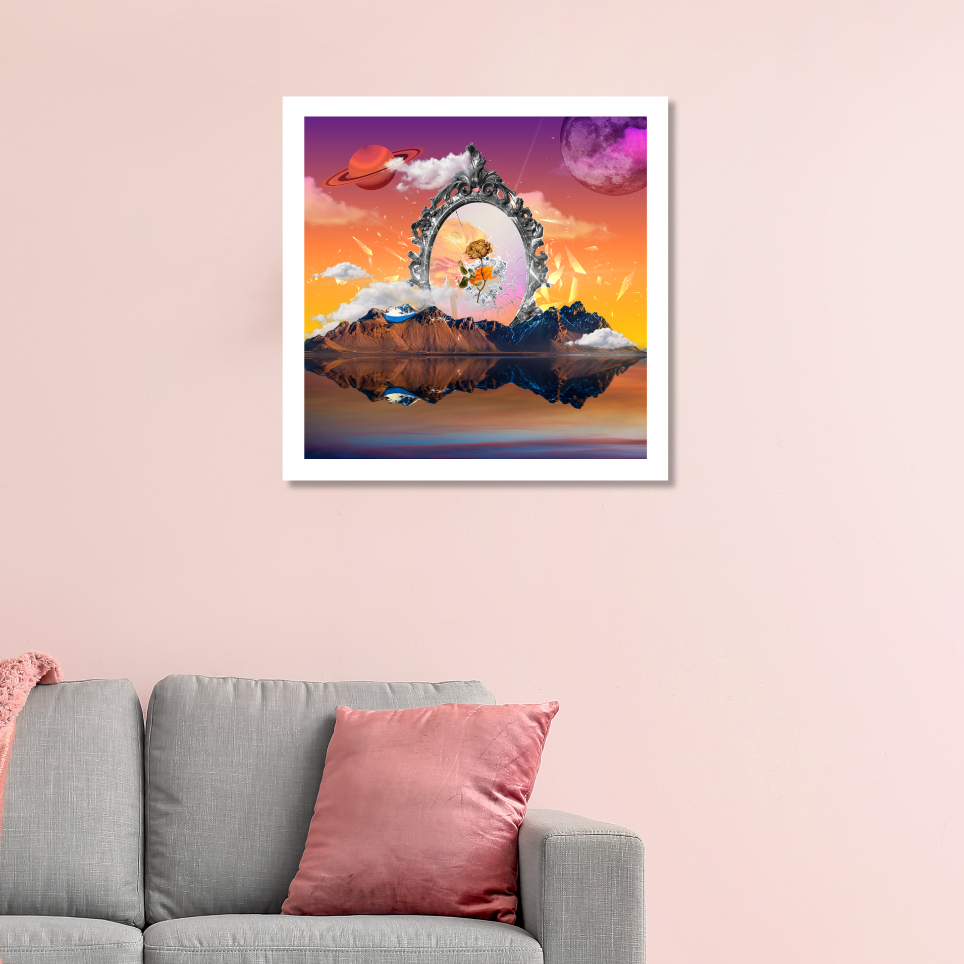 Mirrors Art Print displayed on a wall in a stylish home setting, showcasing elegant and intriguing digital artwork.