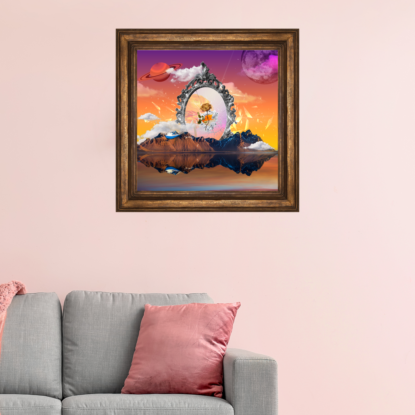 Framed Mirrors Art Print hanging on the wall of a modern office, featuring high-quality digital artwork with a captivating mirror design.
