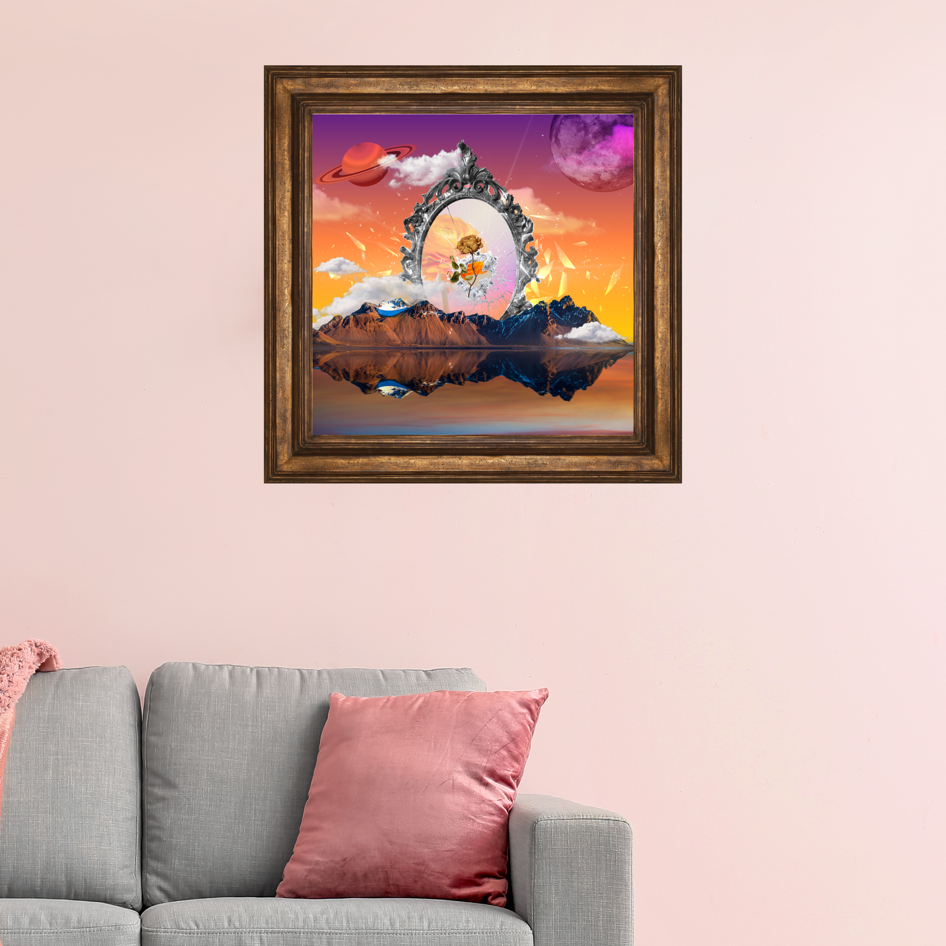 Framed Mirrors Art Print hanging on the wall of a modern office, featuring high-quality digital artwork with a captivating mirror design.