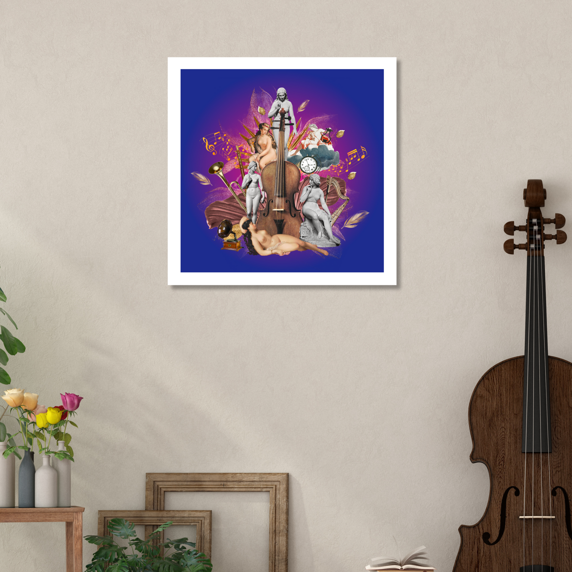 Musical Instruments Art Print displayed in a modern living room. The print shows a woman with a violin, harp, trumpet, and flute, adding artistic charm and sophistication to the decor.