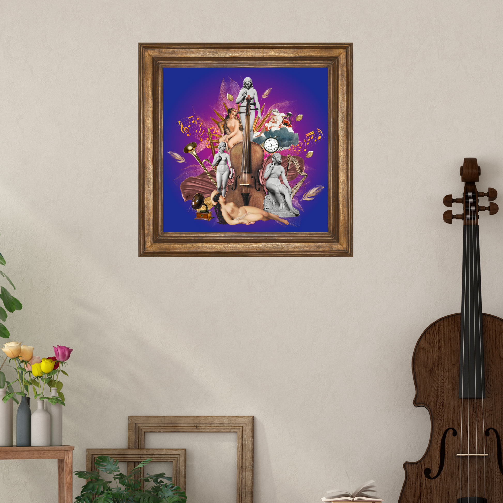 Framed Musical Instruments Art Print in a stylish living room. The artwork features a woman with a violin, harp, trumpet, and flute, enhancing the room with its elegant and creative design.