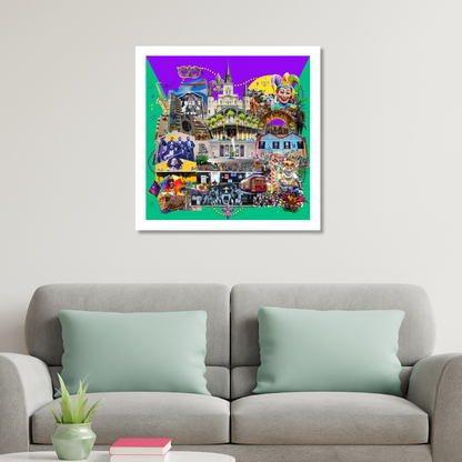 New Orleans, Louisiana Art Print displayed on a home wall, showcasing lively street art, Mardi Gras elements, and Bourbon Street details. Ideal for original wall decor.