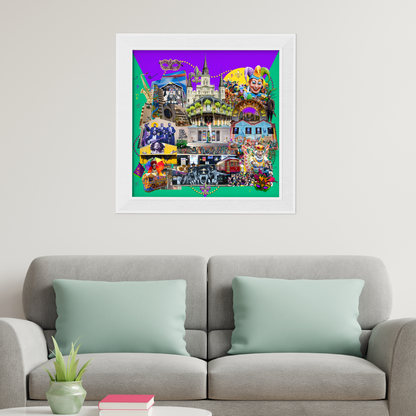 Framed New Orleans, Louisiana Art Print hanging on a home wall. This original artwork highlights French Quarter scenes, voodoo symbols, and colorful Mardi Gras beads.